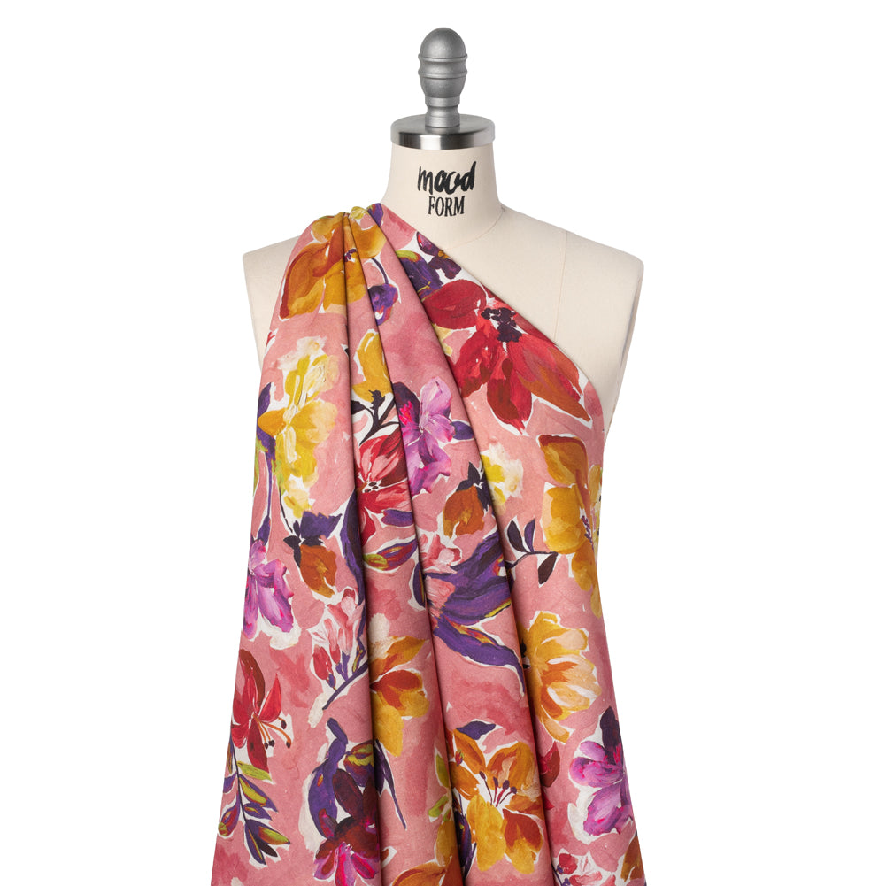 Linen and Rayon Woven - Dusty Rose, Golden Yellow and Dark Purple Painted Flowers - Mood Exclusive Brushstroke Blooms Print - Drape