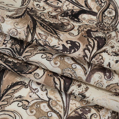 Linen and Rayon Woven - Brown, Beige and Cream Leafy Paisley Sketches - Mood Exclusive Daydream Doodles Print Folded