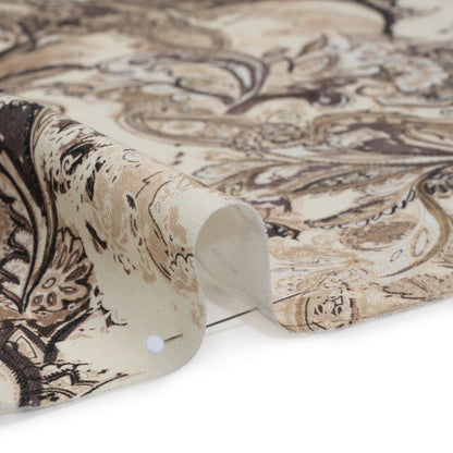 Linen and Rayon Woven - Brown, Beige and Cream Leafy Paisley Sketches - Mood Exclusive Daydream Doodles Print Detail