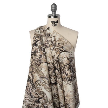 Linen and Rayon Woven - Brown, Beige and Cream Leafy Paisley Sketches - Mood Exclusive Daydream Doodles Print Drape