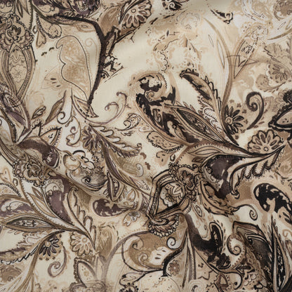Linen and Rayon Woven - Brown, Beige and Cream Leafy Paisley Sketches - Mood Exclusive Daydream Doodles Print