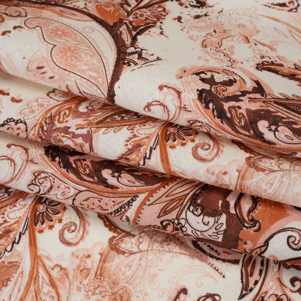 Linen and Rayon Woven - Orange, Muted Red and Cream Leafy Paisley Sketches - Mood Exclusive Daydream Doodles Print Folded