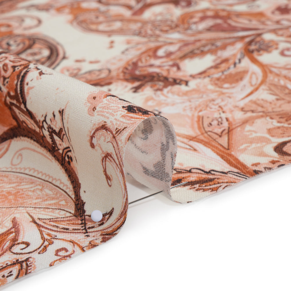 Linen and Rayon Woven - Orange, Muted Red and Cream Leafy Paisley Sketches - Mood Exclusive Daydream Doodles Print Detail