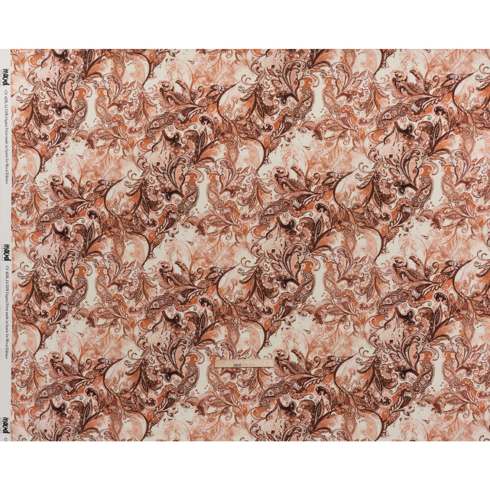 Linen and Rayon Woven - Orange, Muted Red and Cream Leafy Paisley Sketches - Mood Exclusive Daydream Doodles Print - Full