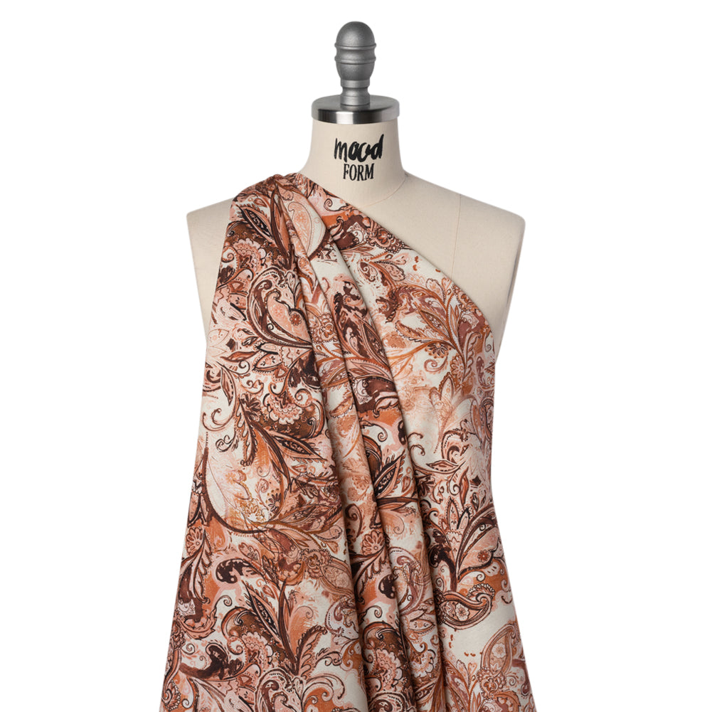Linen and Rayon Woven - Orange, Muted Red and Cream Leafy Paisley Sketches - Mood Exclusive Daydream Doodles Print Drape