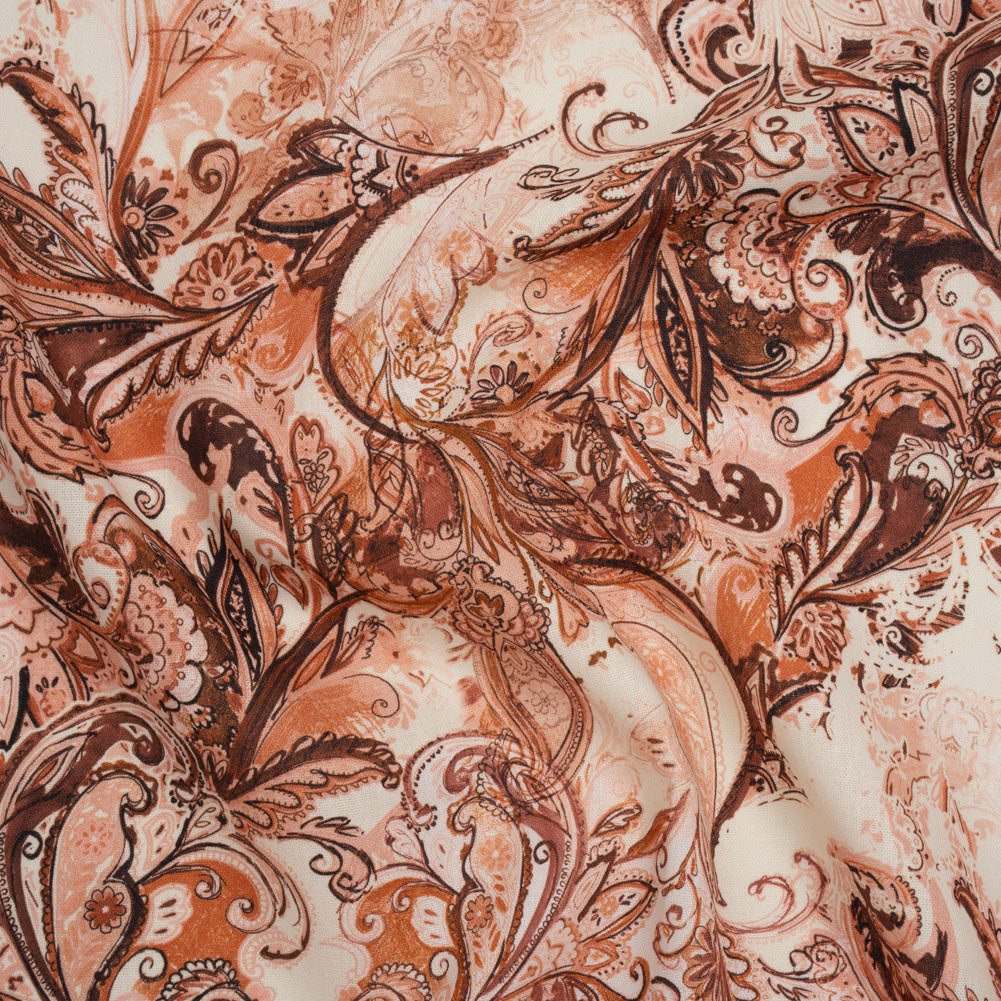 Linen and Rayon Woven - Orange, Muted Red and Cream Leafy Paisley Sketches - Mood Exclusive Daydream Doodles Print