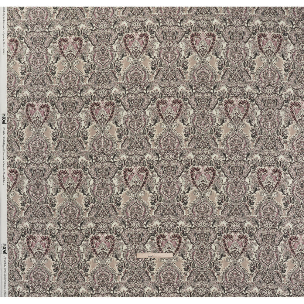 Linen and Rayon Woven - Dark Gray, Beige and Dusty Pink Ornate Paisley and Floral - Mood Exclusive Boheme Blooms Print - Full