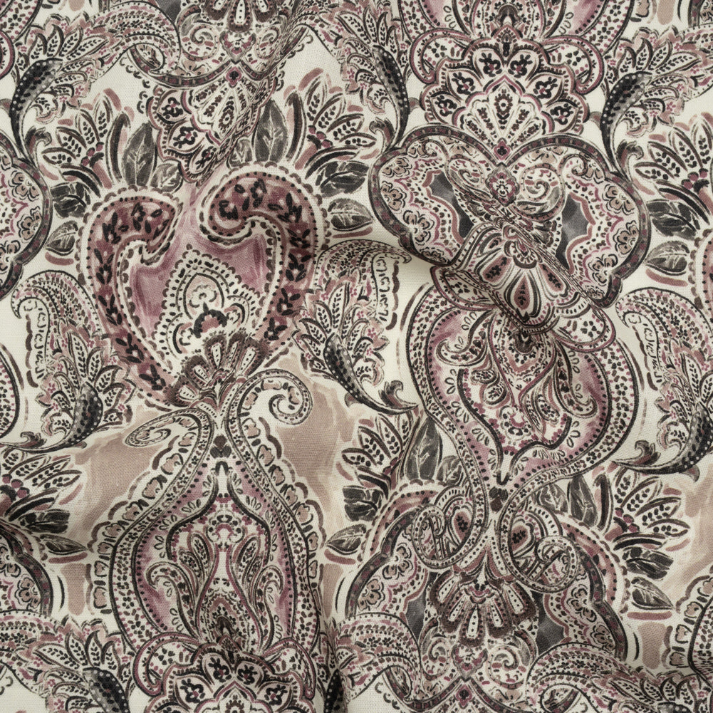 Linen and Rayon Woven - Dark Gray, Beige and Dusty Pink Ornate Paisley and Floral - Mood Exclusive Boheme Blooms Print