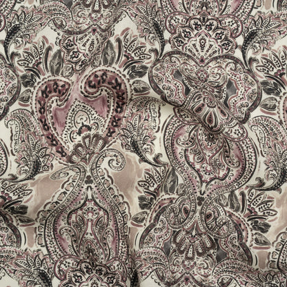 Linen and Rayon Woven - Dark Gray, Beige and Dusty Pink Ornate Paisley and Floral - Mood Exclusive Boheme Blooms Print