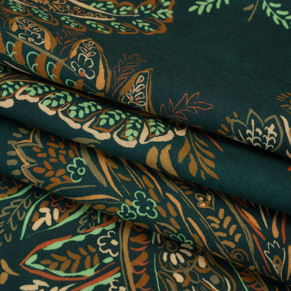Linen and Rayon Woven - Dark Green, Olive and Burn Orange Paisley Floral - Mood Exclusive Lush Labyrinth Print Folded