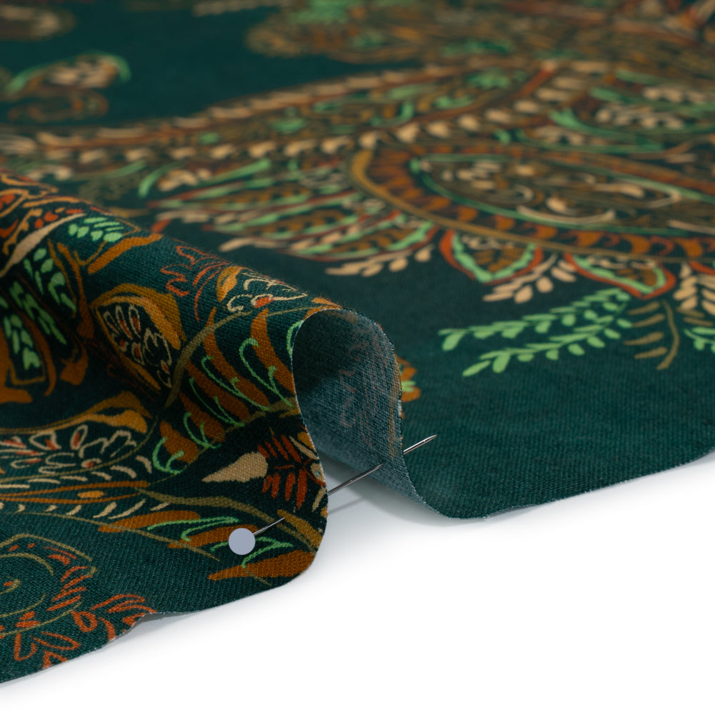 Linen and Rayon Woven - Dark Green, Olive and Burn Orange Paisley Floral - Mood Exclusive Lush Labyrinth Print Detail