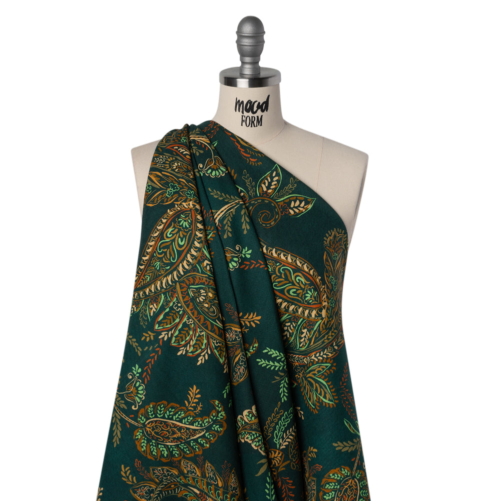 Linen and Rayon Woven - Dark Green, Olive and Burn Orange Paisley Floral - Mood Exclusive Lush Labyrinth Print Drape