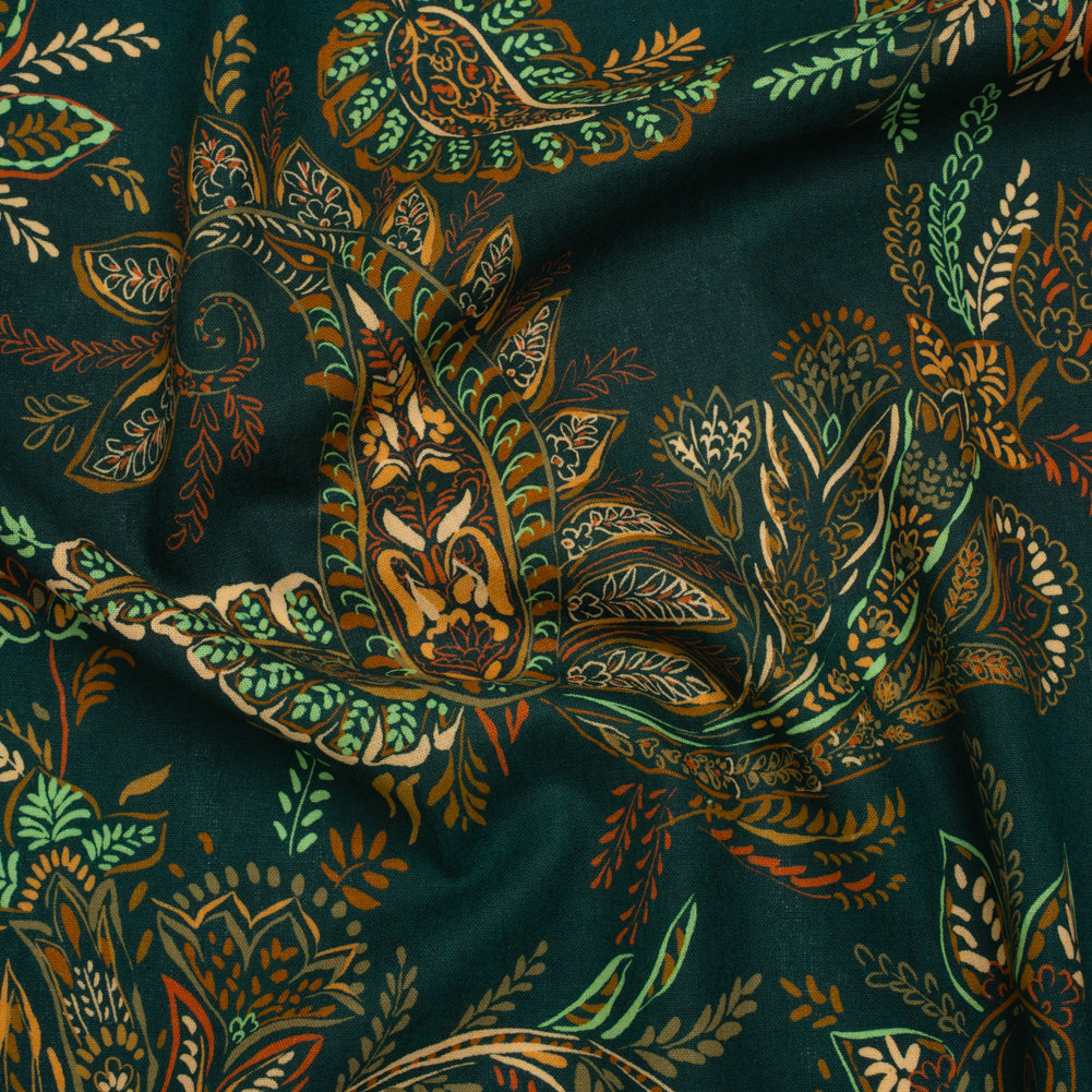 Linen and Rayon Woven - Dark Green, Olive and Burn Orange Paisley Floral - Mood Exclusive Lush Labyrinth Print