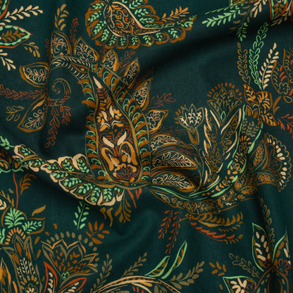 Linen and Rayon Woven - Dark Green, Olive and Burn Orange Paisley Floral - Mood Exclusive Lush Labyrinth Print