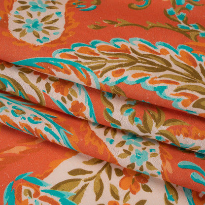 Linen and Rayon Woven - Coral Orange, Turquoise and Olive Green Paisley - Mood Exclusive Fiery Reverie Print Folded