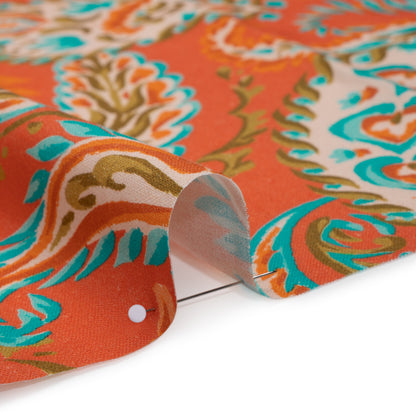 Linen and Rayon Woven - Coral Orange, Turquoise and Olive Green Paisley - Mood Exclusive Fiery Reverie Print Detail