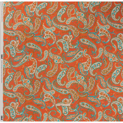 Linen and Rayon Woven - Coral Orange, Turquoise and Olive Green Paisley - Mood Exclusive Fiery Reverie Print - Full