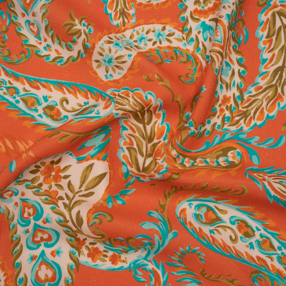 Linen and Rayon Woven - Coral Orange, Turquoise and Olive Green Paisley - Mood Exclusive Fiery Reverie Print
