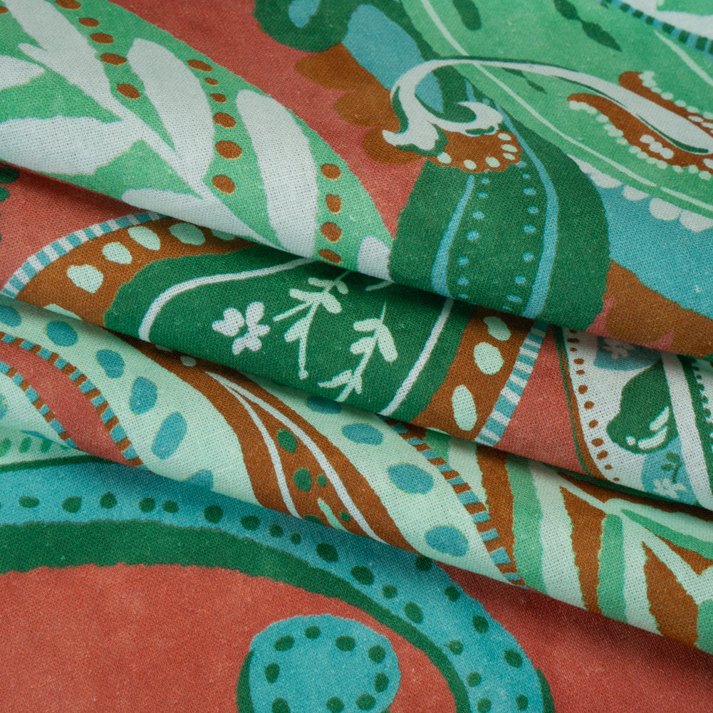 Linen and Rayon Woven - Green, Sky Blue and Ginger Spice Paisley - Mood Exclusive Sprightly Scrolls Print Folded