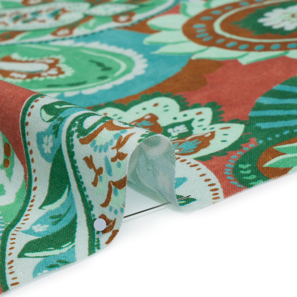 Linen and Rayon Woven - Green, Sky Blue and Ginger Spice Paisley - Mood Exclusive Sprightly Scrolls Print Detail