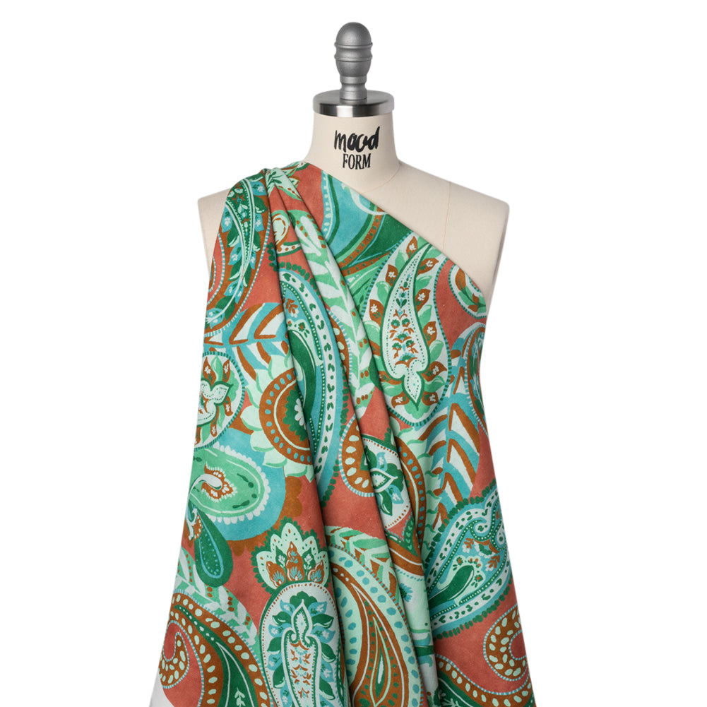 Linen and Rayon Woven - Green, Sky Blue and Ginger Spice Paisley - Mood Exclusive Sprightly Scrolls Print Drape
