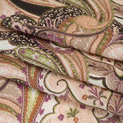 Slubbed Gauzy Cotton Woven - Pale Pink, Spring Green and Espresso Fanciful Paisleys - Mood Exclusive Mandala Motions Print