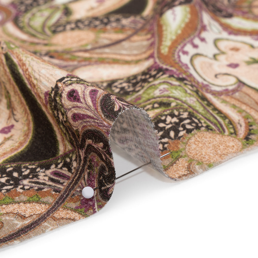 Slubbed Gauzy Cotton Woven - Pale Pink, Spring Green and Espresso Fanciful Paisleys - Mood Exclusive Mandala Motions Print - Detail