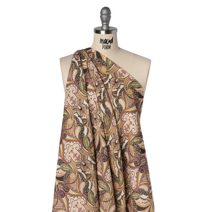 Slubbed Gauzy Cotton Woven - Pale Pink, Spring Green and Espresso Fanciful Paisleys - Mood Exclusive Mandala Motions Print