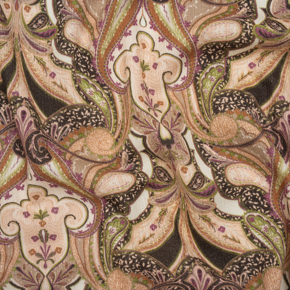 Slubbed Gauzy Cotton Woven - Pale Pink, Spring Green and Espresso Fanciful Paisleys - Mood Exclusive Mandala Motions Print