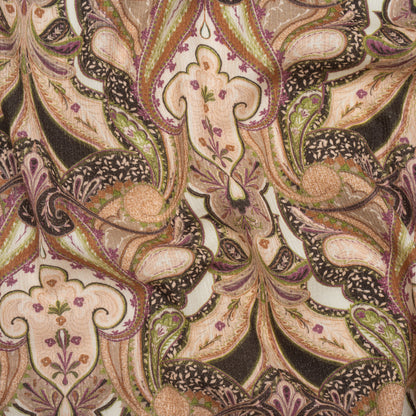 Slubbed Gauzy Cotton Woven - Pale Pink, Spring Green and Espresso Fanciful Paisleys - Mood Exclusive Mandala Motions Print