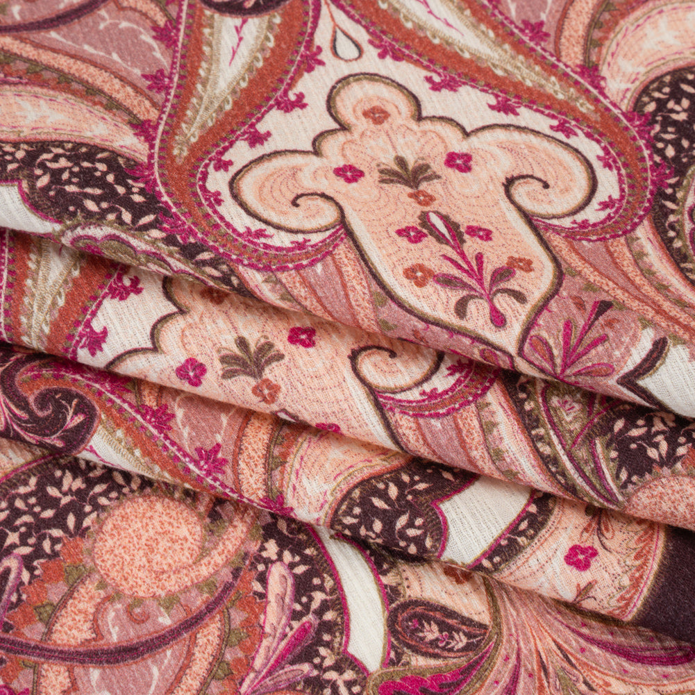 Slubbed Gauzy Cotton Woven - Pale Peach, Magenta and Dark Plum Fanciful Paisleys - Mood Exclusive Mandala Motions Print - Folded