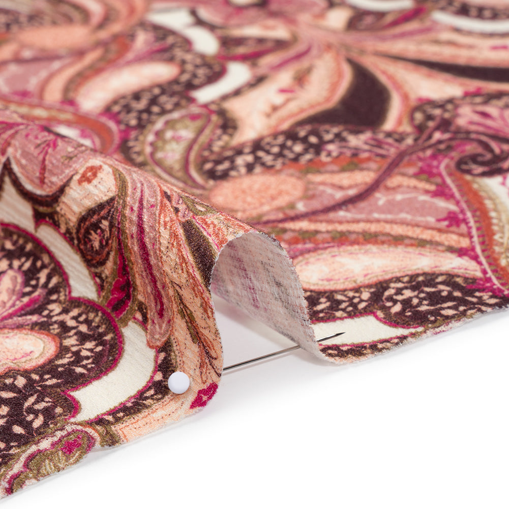 Slubbed Gauzy Cotton Woven - Pale Peach, Magenta and Dark Plum Fanciful Paisleys - Mood Exclusive Mandala Motions Print - Detail