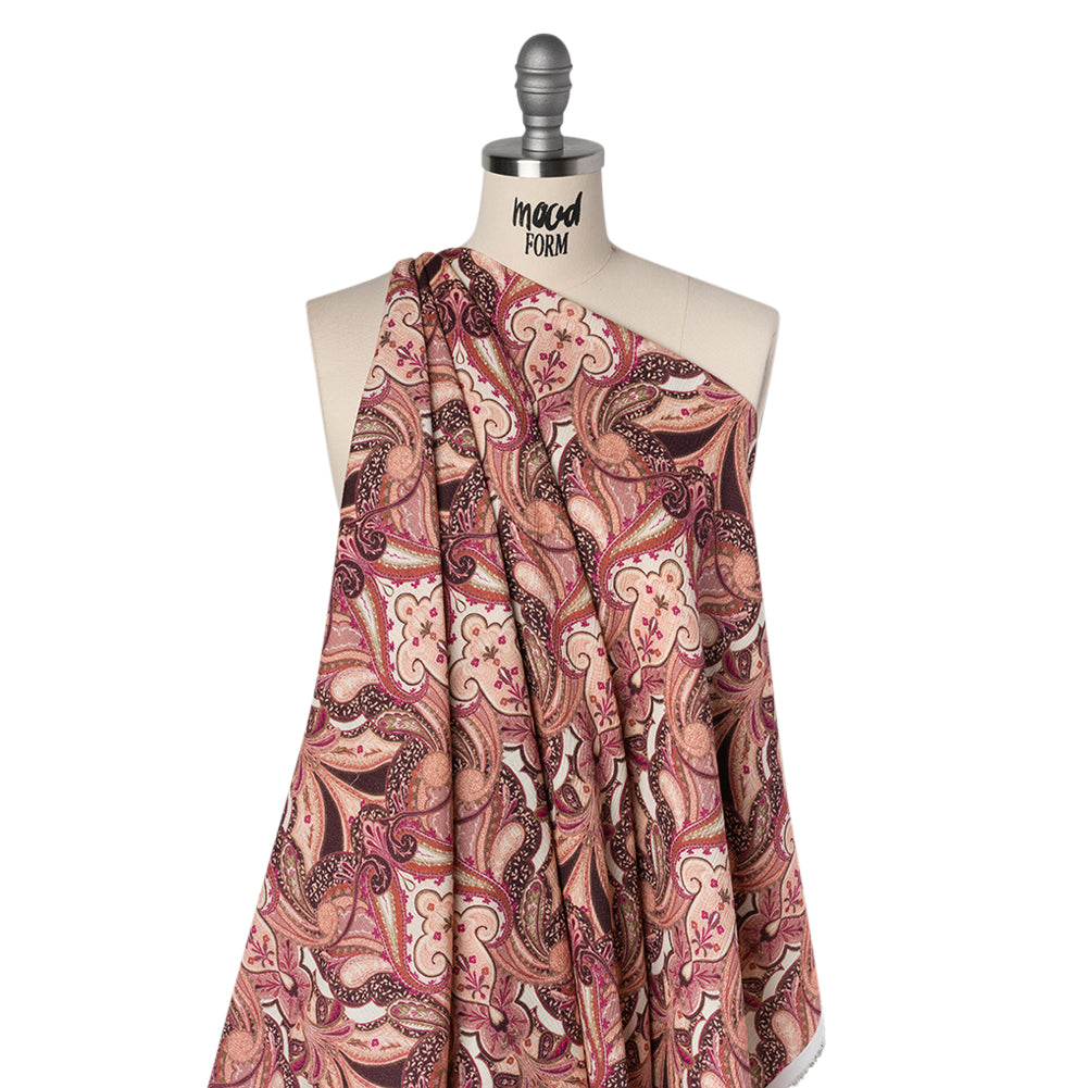 Slubbed Gauzy Cotton Woven - Pale Peach, Magenta and Dark Plum Fanciful Paisleys - Mood Exclusive Mandala Motions Print - Drape