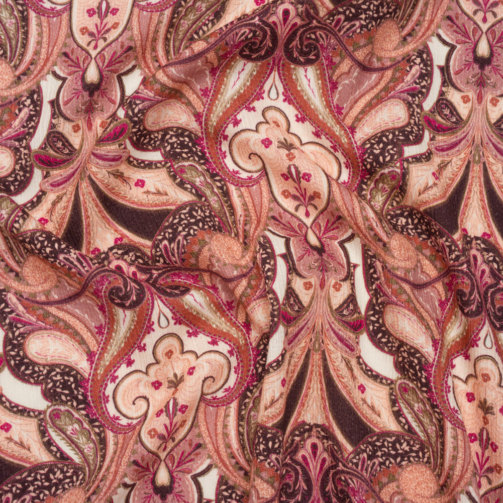 Slubbed Gauzy Cotton Woven - Pale Peach, Magenta and Dark Plum Fanciful Paisleys - Mood Exclusive Mandala Motions Print
