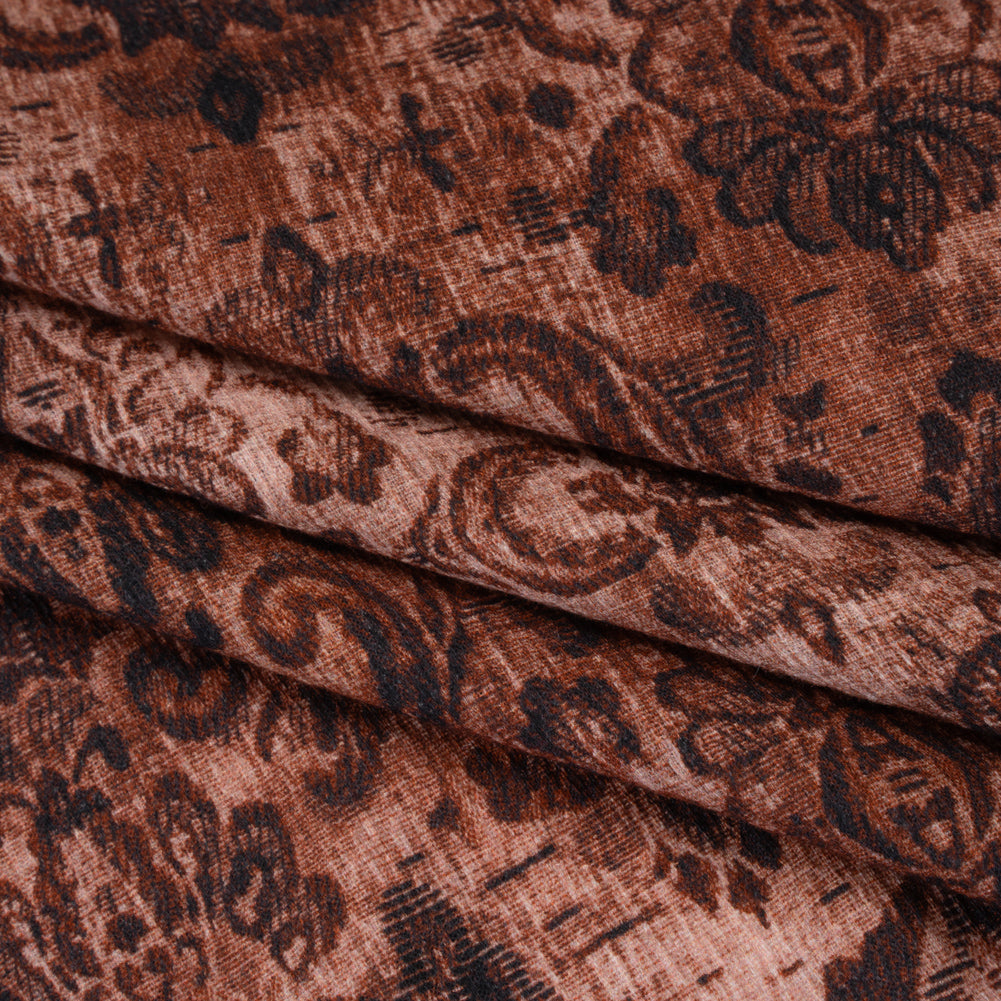 Slubbed Gauzy Cotton Woven - Rust and Burgundy Distressed Floral Damask - Mood Exclusive Reflecting Revelations Print - Folded