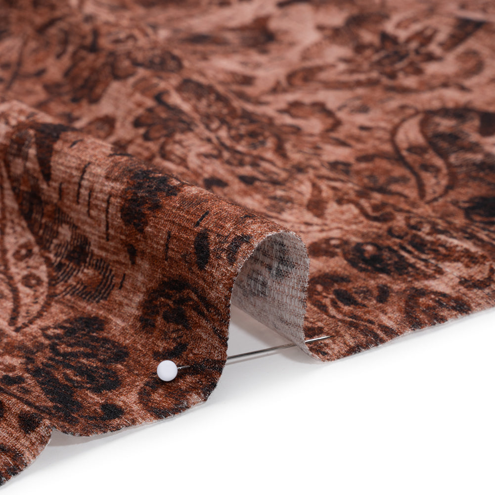 Slubbed Gauzy Cotton Woven - Rust and Burgundy Distressed Floral Damask - Mood Exclusive Reflecting Revelations Print - Detail