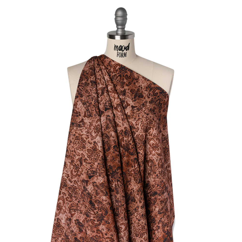 Slubbed Gauzy Cotton Woven - Rust and Burgundy Distressed Floral Damask - Mood Exclusive Reflecting Revelations Print - Drape
