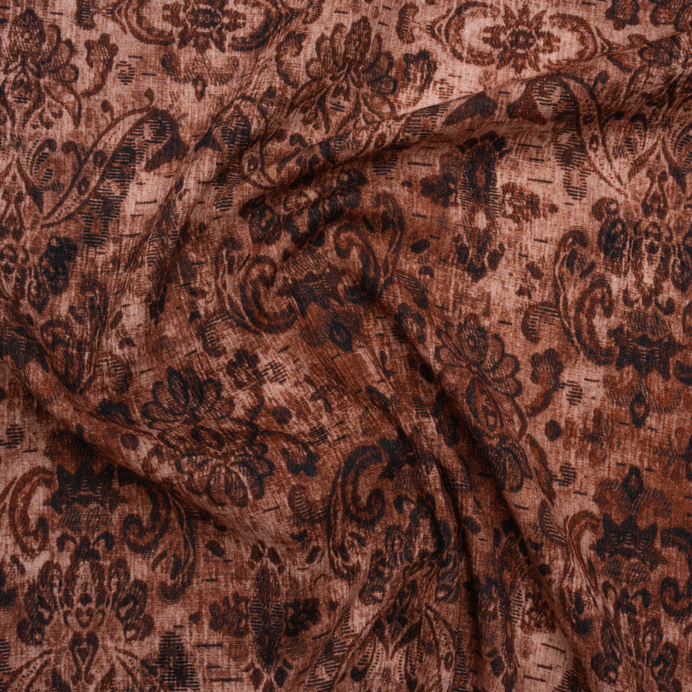Slubbed Gauzy Cotton Woven - Rust and Burgundy Distressed Floral Damask - Mood Exclusive Reflecting Revelations Print