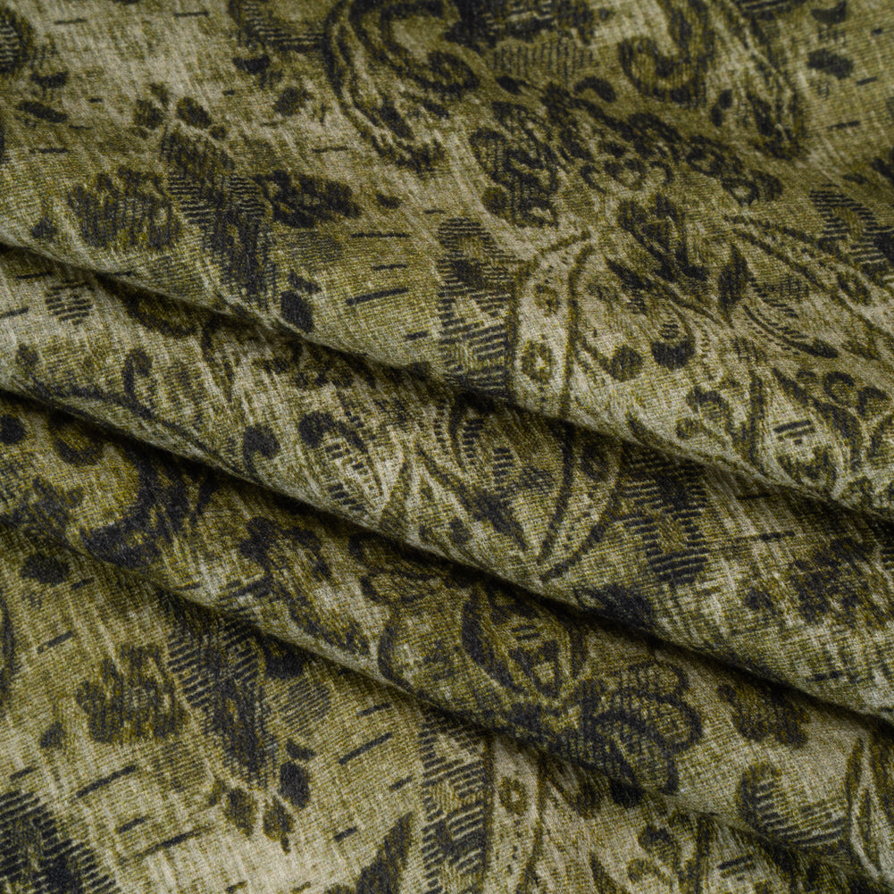 Slubbed Gauzy Cotton Woven - Olive and Dark Green Distressed Floral Damask - Mood Exclusive Reflecting Revelations Print - Folded