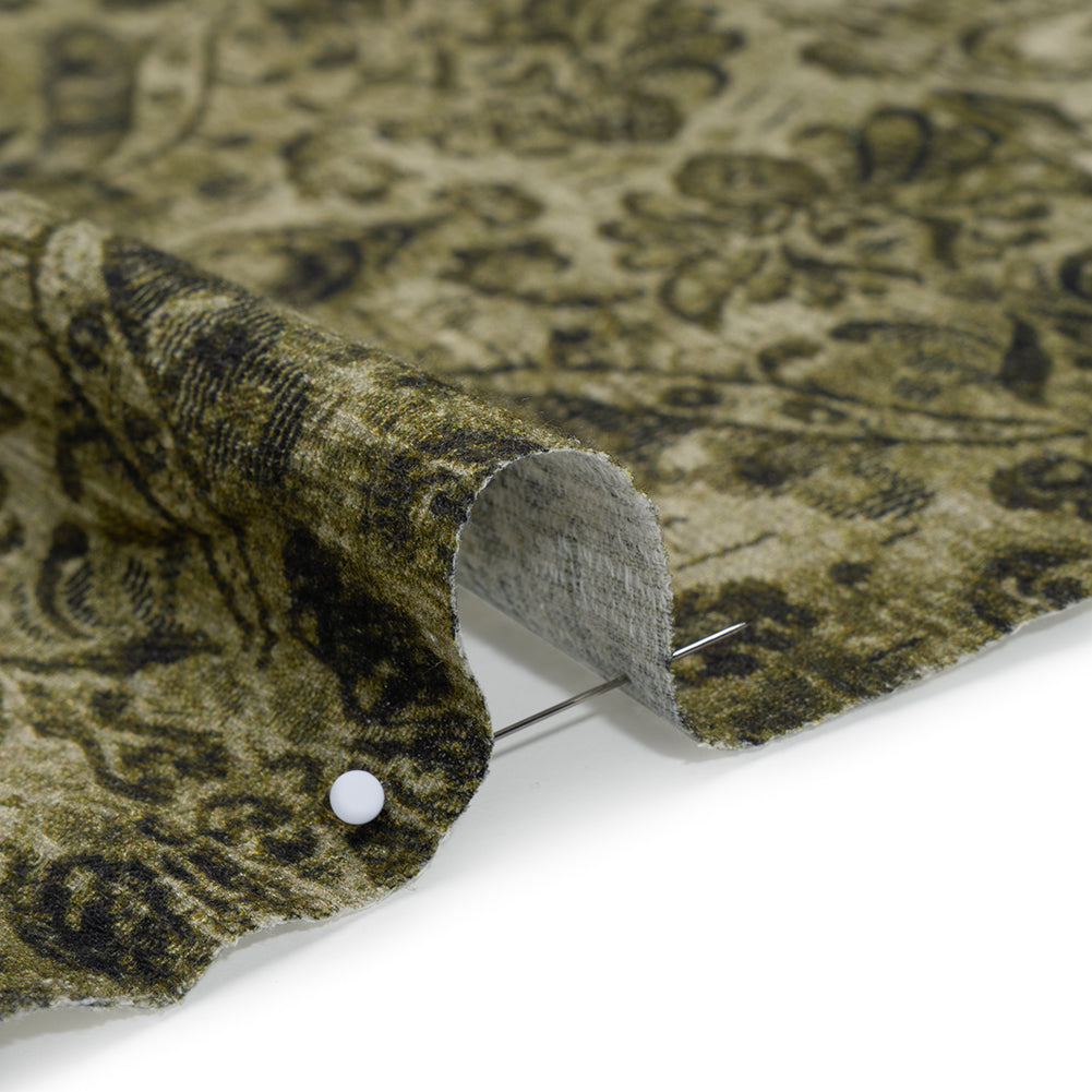 Slubbed Gauzy Cotton Woven - Olive and Dark Green Distressed Floral Damask - Mood Exclusive Reflecting Revelations Print - Detail