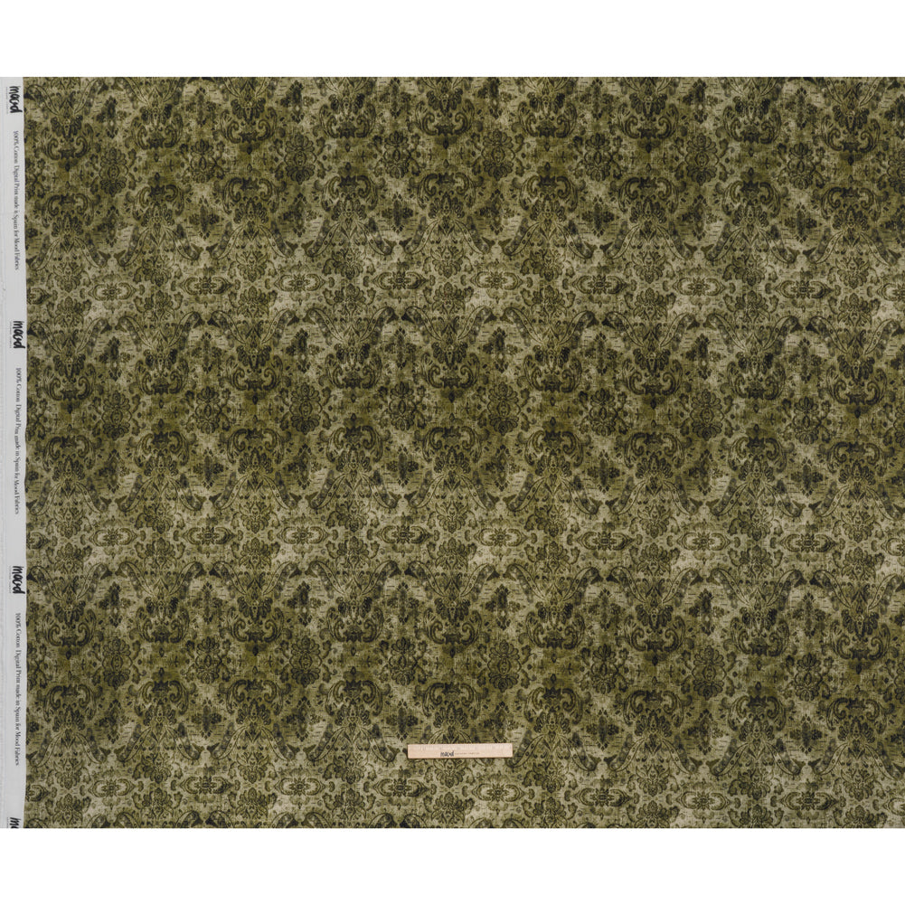 Slubbed Gauzy Cotton Woven - Olive and Dark Green Distressed Floral Damask - Mood Exclusive Reflecting Revelations Print - Full
