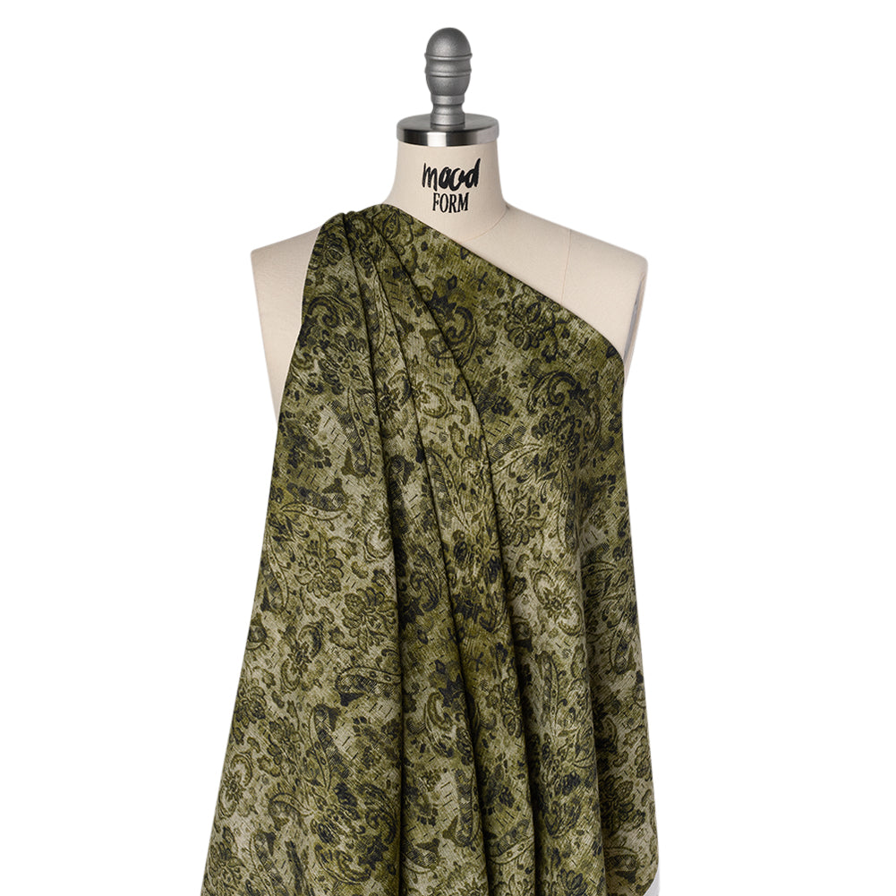 Slubbed Gauzy Cotton Woven - Olive and Dark Green Distressed Floral Damask - Mood Exclusive Reflecting Revelations Print - Drape