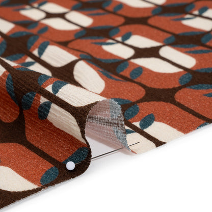 Slubbed Gauzy Cotton Woven - Rust Red, Dark Blue and Coffee Brown Geometric Floral Windows - Mood Exclusive Greenhouse Geometries Print