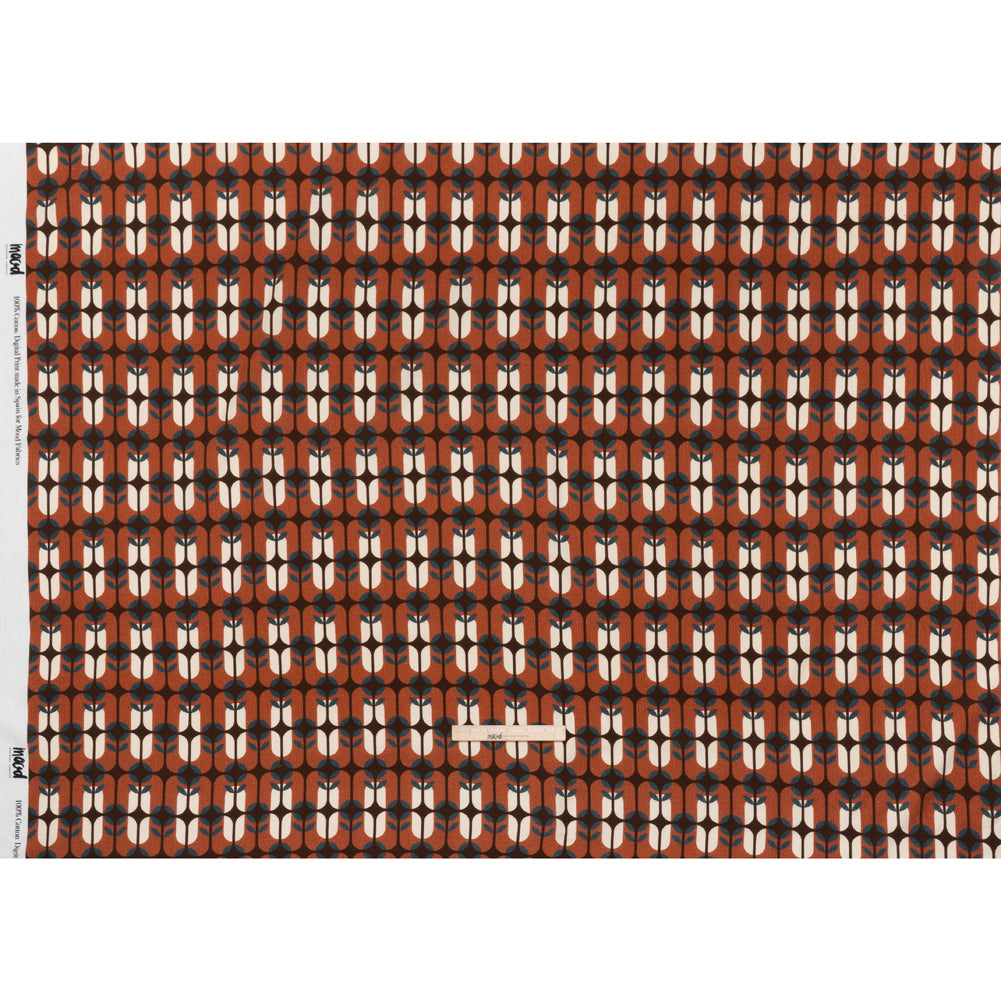 Slubbed Gauzy Cotton Woven - Rust Red, Dark Blue and Coffee Brown Geometric Floral Windows - Mood Exclusive Greenhouse Geometries Print - Full