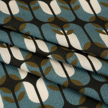 Slubbed Gauzy Cotton Woven - Mid Blue, Olive Green and Navy Geometric Floral Windows - Mood Exclusive Greenhouse Geometries Print