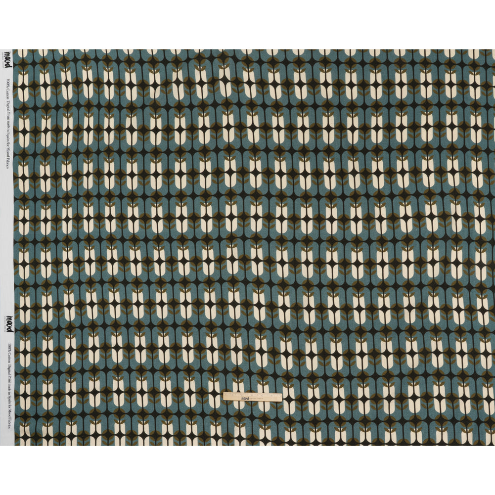 Slubbed Gauzy Cotton Woven - Mid Blue, Olive Green and Navy Geometric Floral Windows - Mood Exclusive Greenhouse Geometries Print - Full