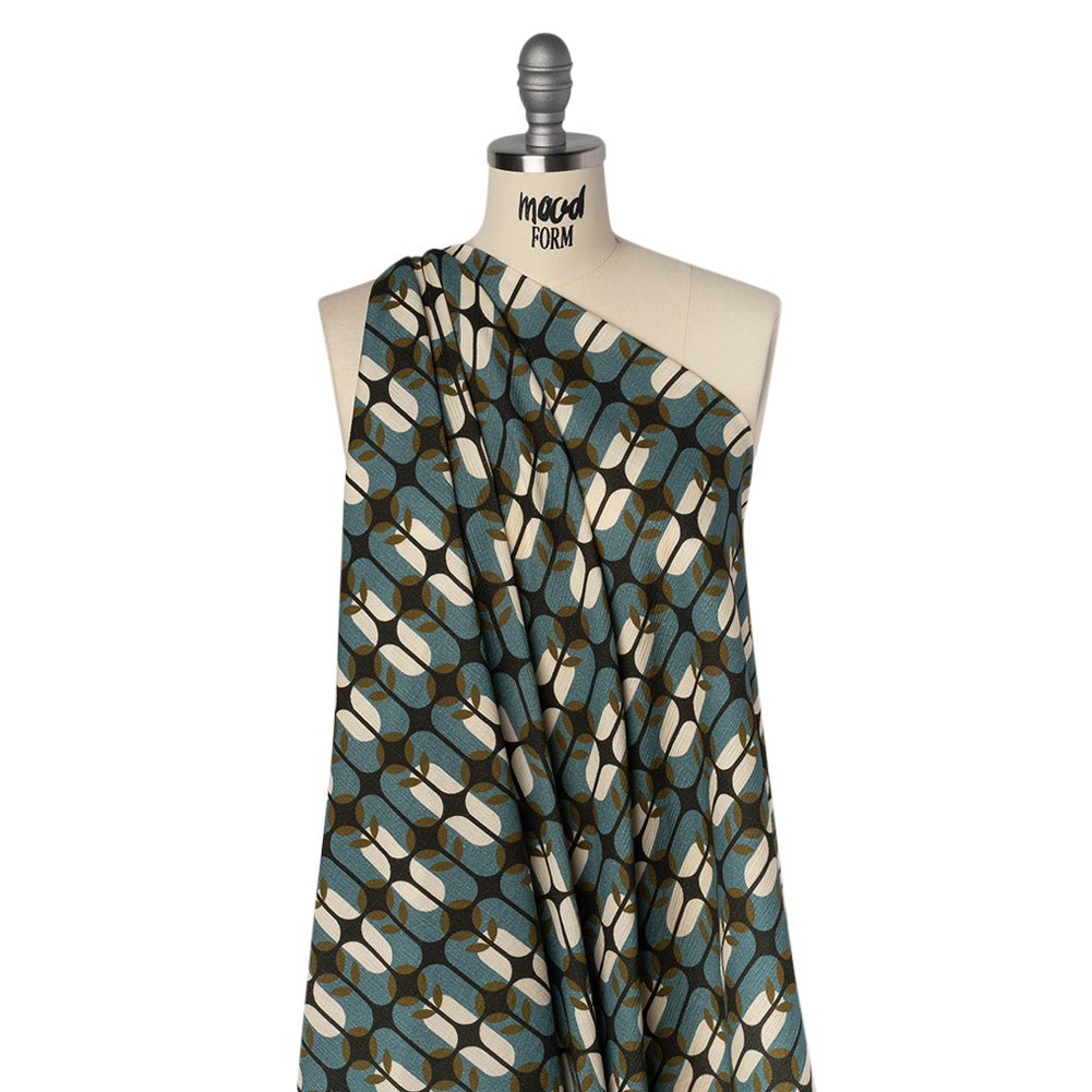 Slubbed Gauzy Cotton Woven - Mid Blue, Olive Green and Navy Geometric Floral Windows - Mood Exclusive Greenhouse Geometries Print - Drape