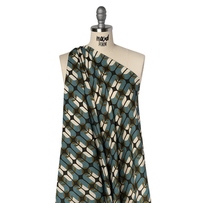 Slubbed Gauzy Cotton Woven - Mid Blue, Olive Green and Navy Geometric Floral Windows - Mood Exclusive Greenhouse Geometries Print