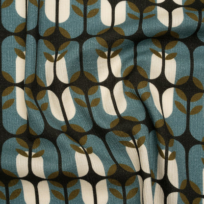 Slubbed Gauzy Cotton Woven - Mid Blue, Olive Green and Navy Geometric Floral Windows - Mood Exclusive Greenhouse Geometries Print