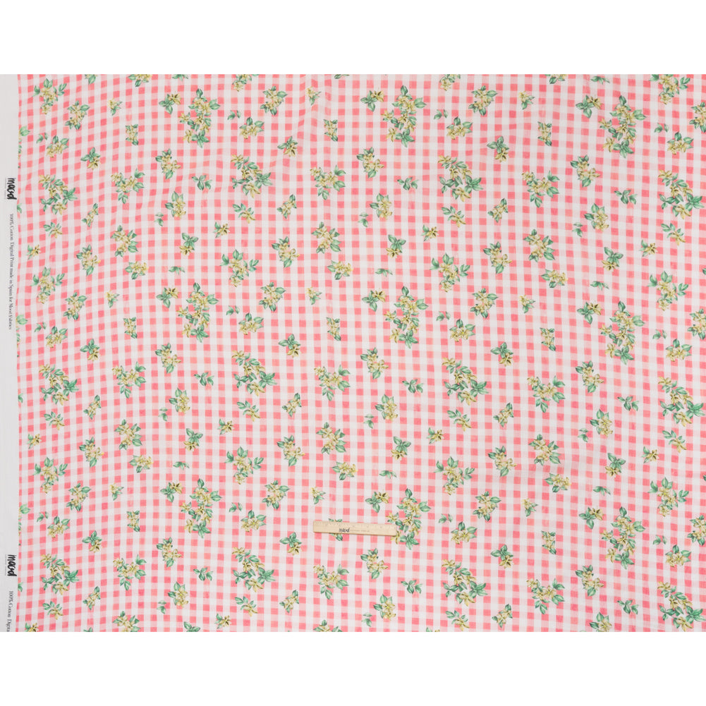 Slubbed Gauzy Cotton Woven - White and Yellow Flowers on Pink Gingham - Mood Exclusive Picnic Petals Print - Full